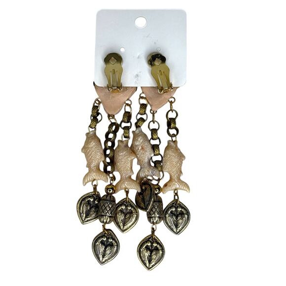 Vintage Fish Charm Earrings Dangle Clip Ons Statement Earrings - Picture 2 of 7